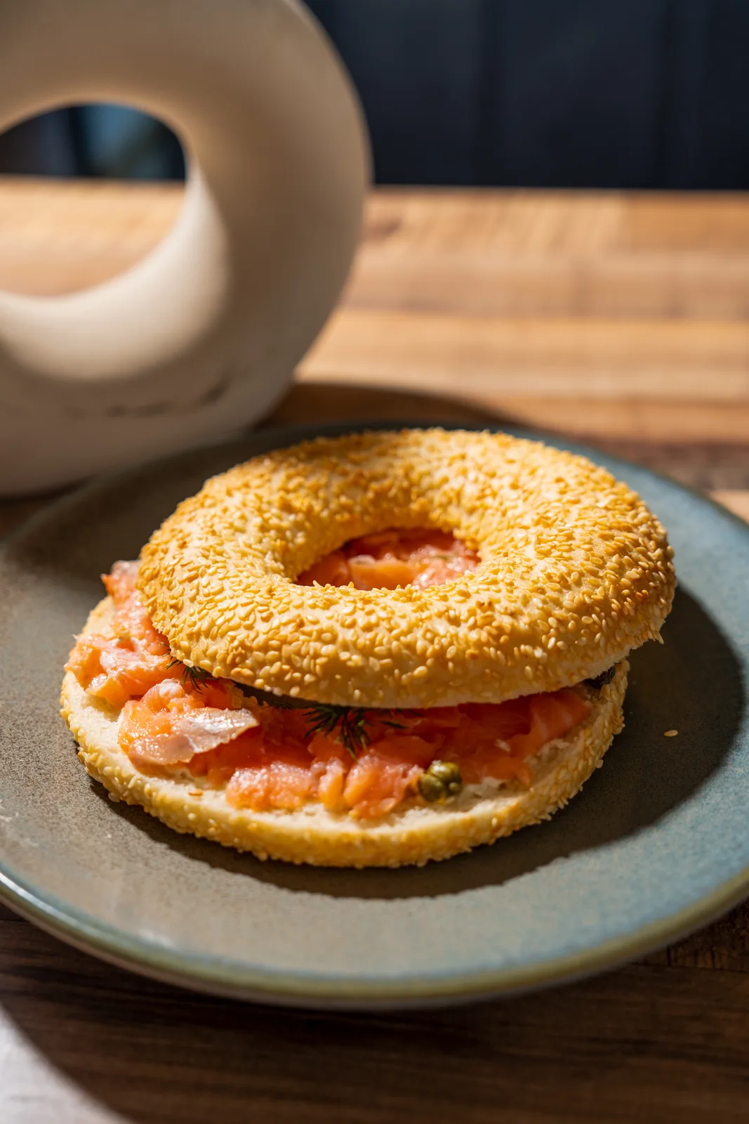 Salmon bagel with coffee