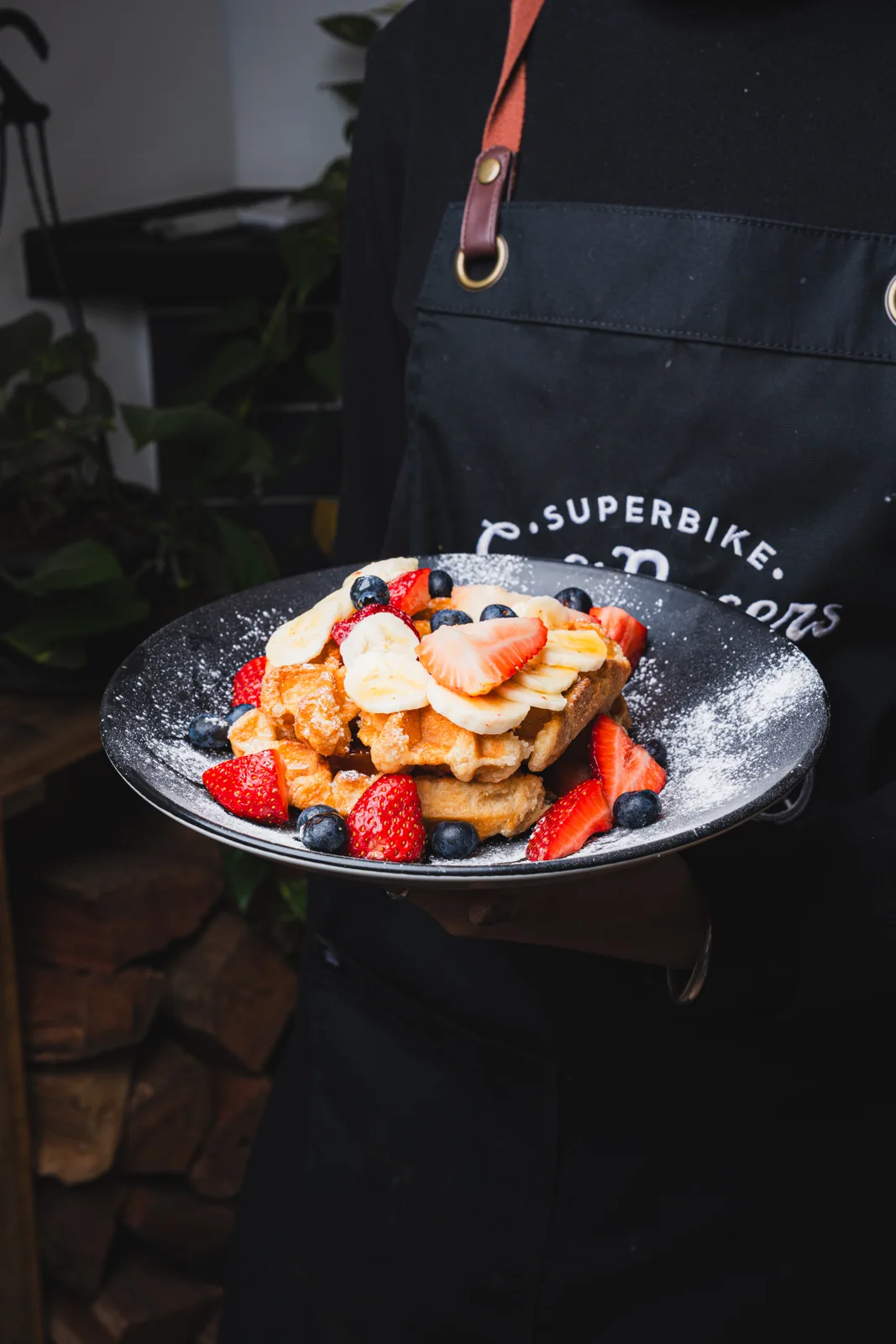 Waffles with strawberries and ice cream